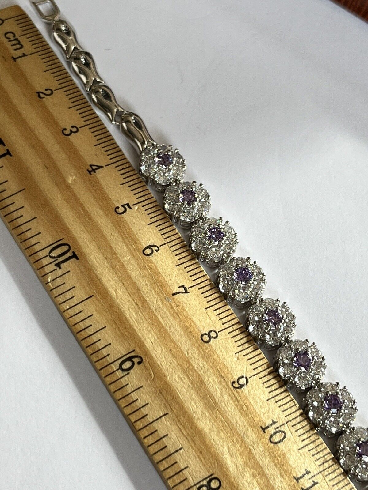 Vintage Rhodium Plated Purple Clear Diamanté Flowers Bracelet New Old Stock