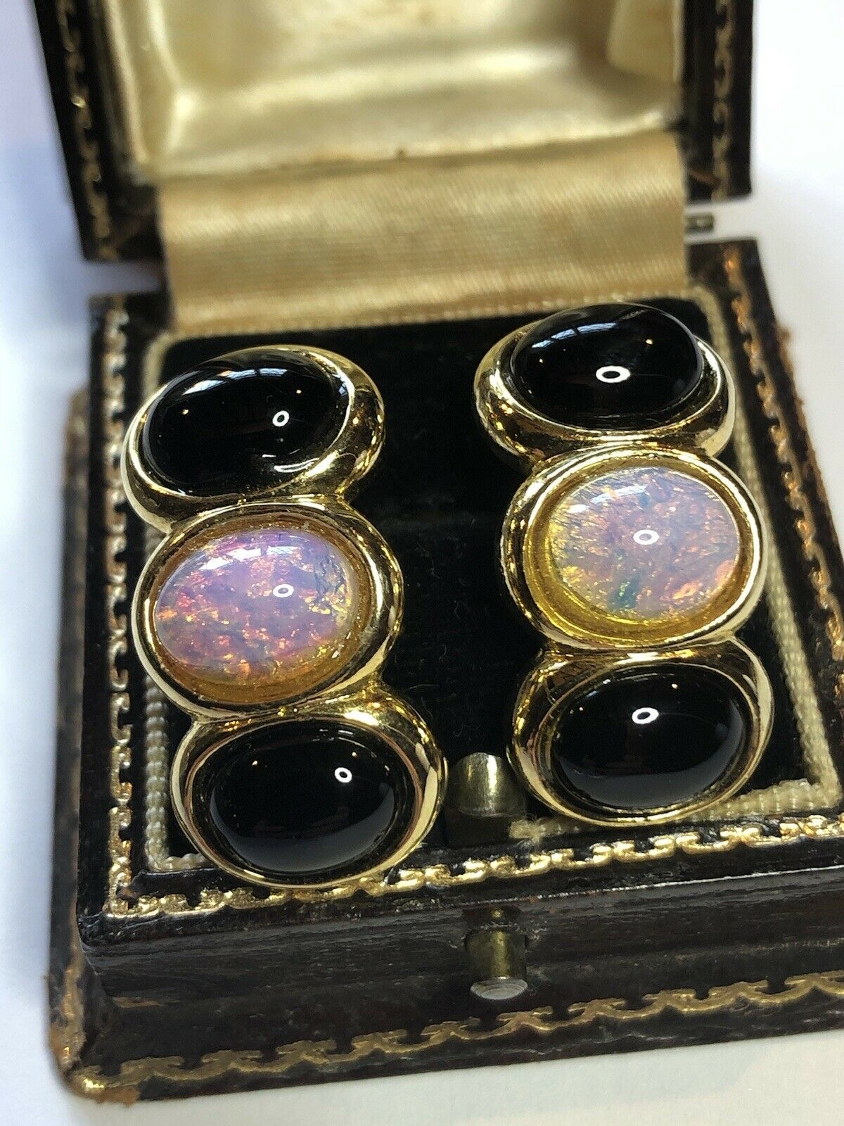 Vintage Gold Tone Foiled Back Black Stone Pierced Earrings