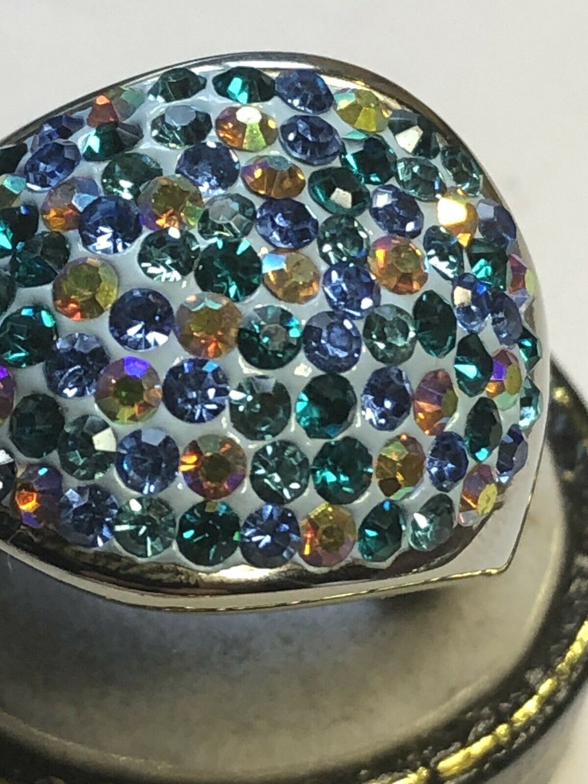 Vintage Rhodium Plated Blue Green Multicolour CZ Statement Ring