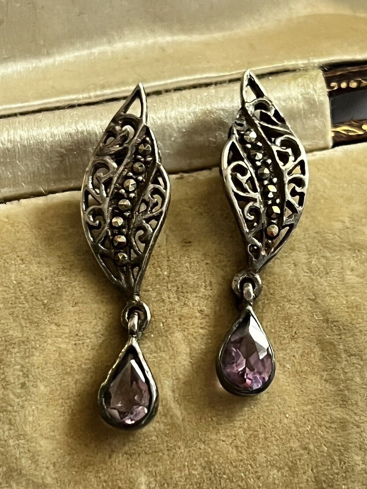 Vintage Silver 925 Cutout Marcasite Amethyst Earrings
