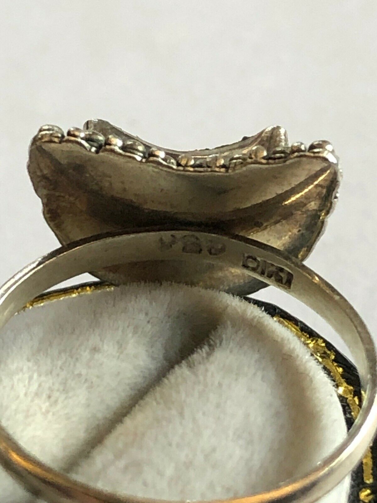 Vintage Sterling Silver Black Diamond Chip Half Moon Ring Size O