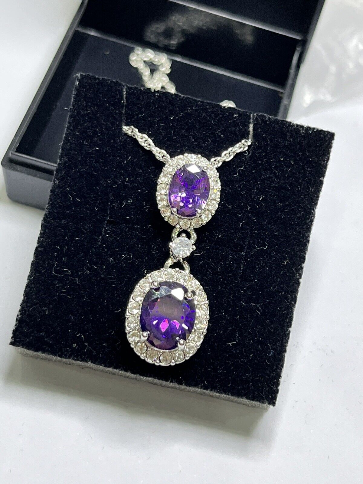 Vintage 1980s Rhodium Plated Purple Crystal Drop Necklace Boxed