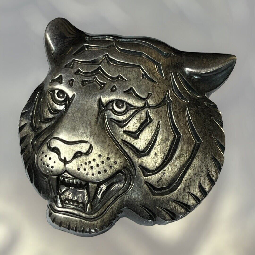 Vintage Large Statement Silver Tone Tiger Brooch