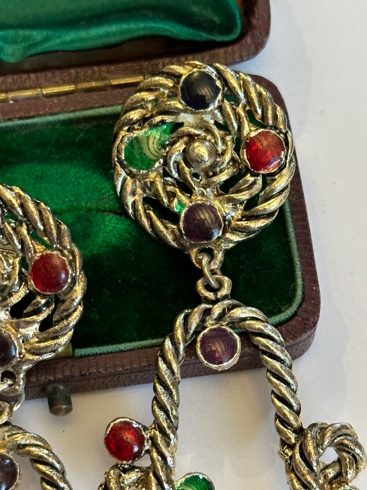 Vintage Silver Tone Statement Red Green Black Enamel Drop Earrings