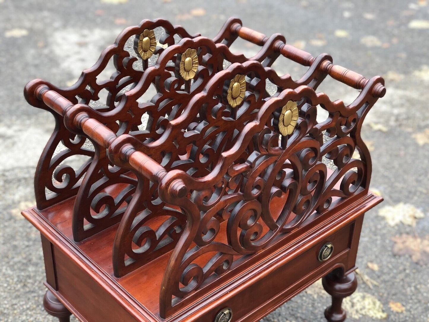 Mahogany Canterbury Magazine Rack With Drawer