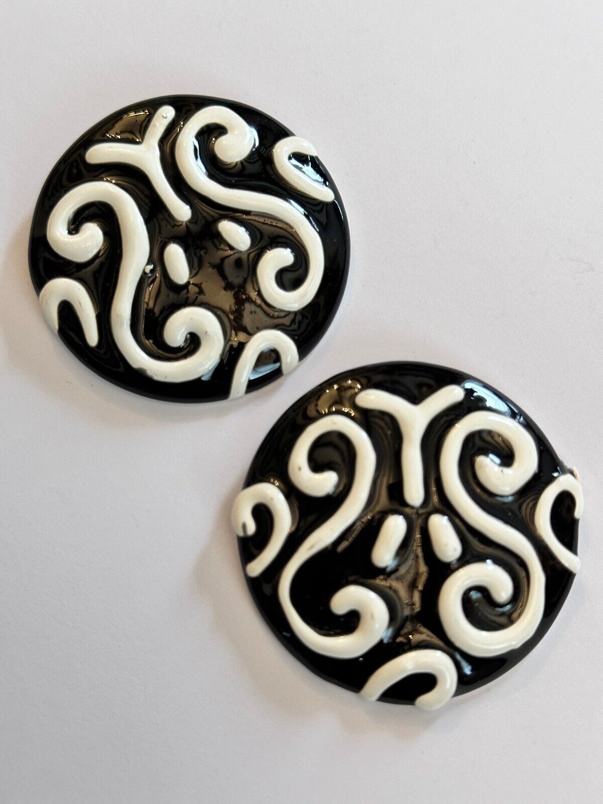 Vintage 1980s Black White Enamel On Metal Large Clip On Earrings