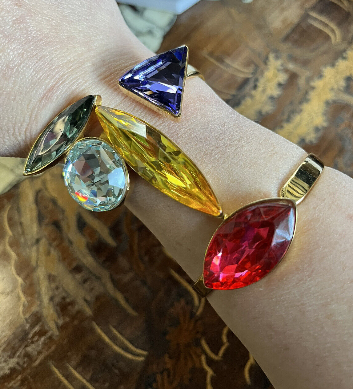 Vintage Double Cuff Gold Plated Statement Multicoloured Diamanté Bracelet