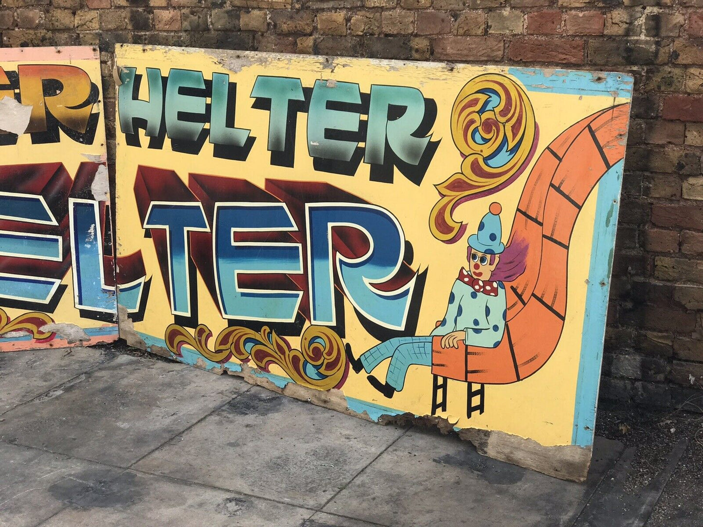 Original 1970's LARGE Fairground Helter Skelter Painted Wooden Sign