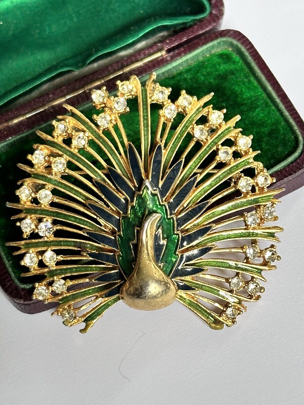 Vintage Green Blue Enamel Diamanté Gold Tone Brooch