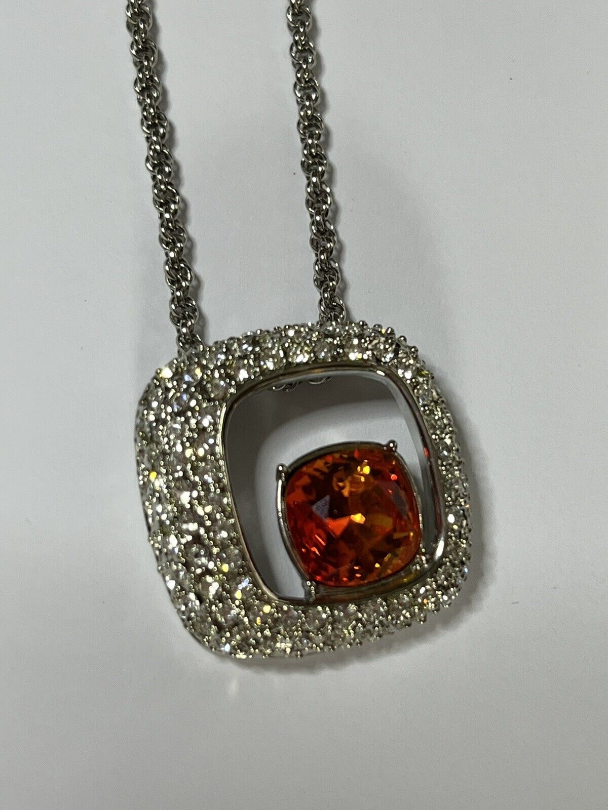 Vintage Signed 1980s Rhodium Plated Burnt Red Crystal Pendant Necklace