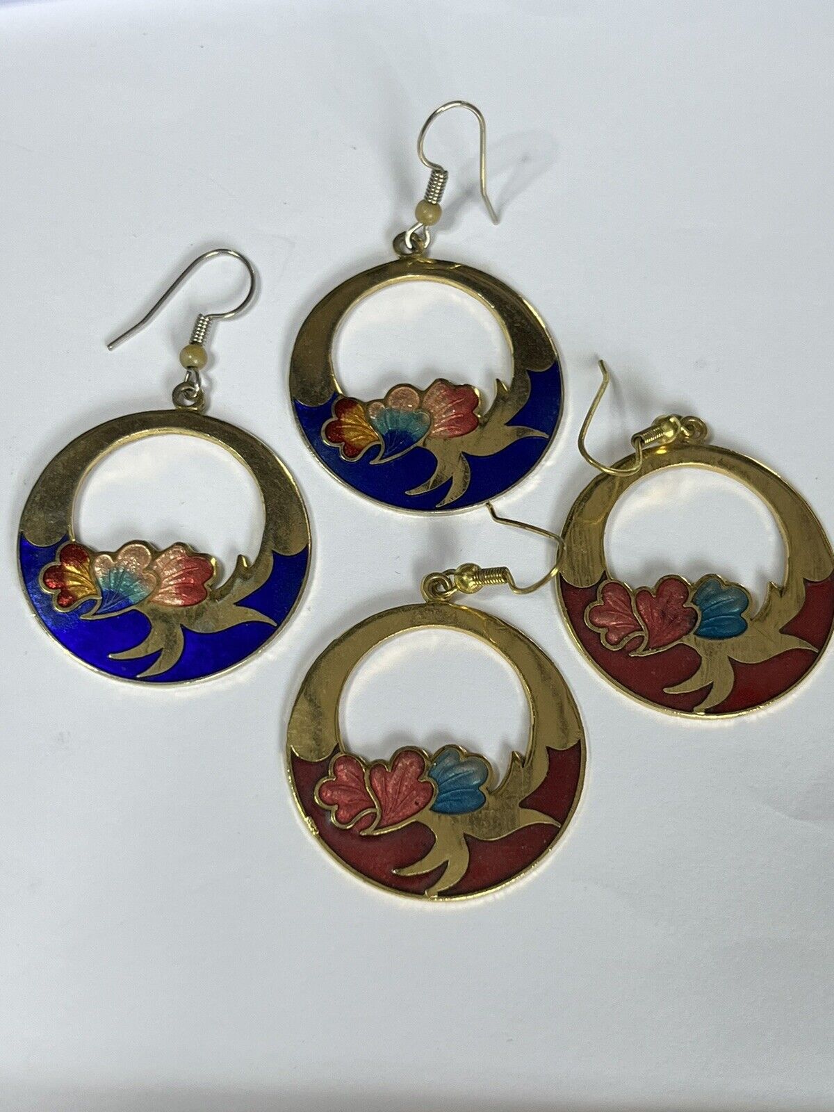 Vintage Enamel Cloisonné Hoop Drop Earrings Set Of Two