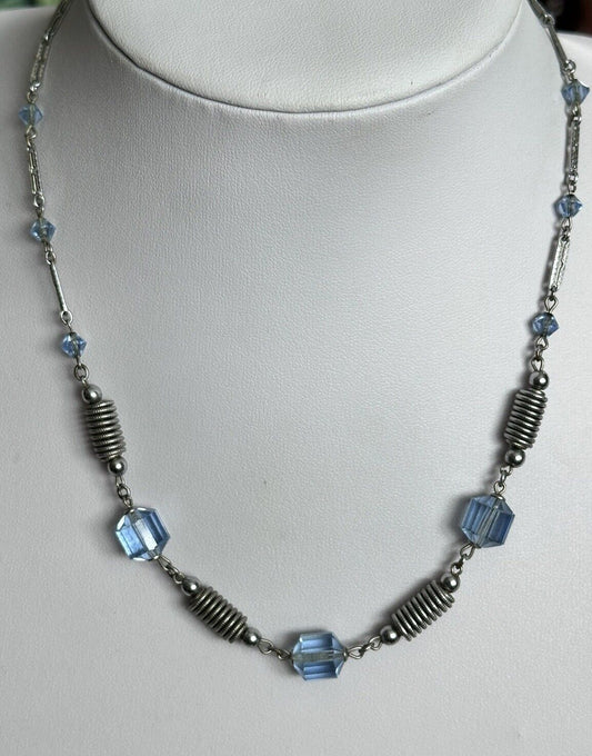 Vintage Deco Etched Silver Tone Blue Glass Bead Necklace
