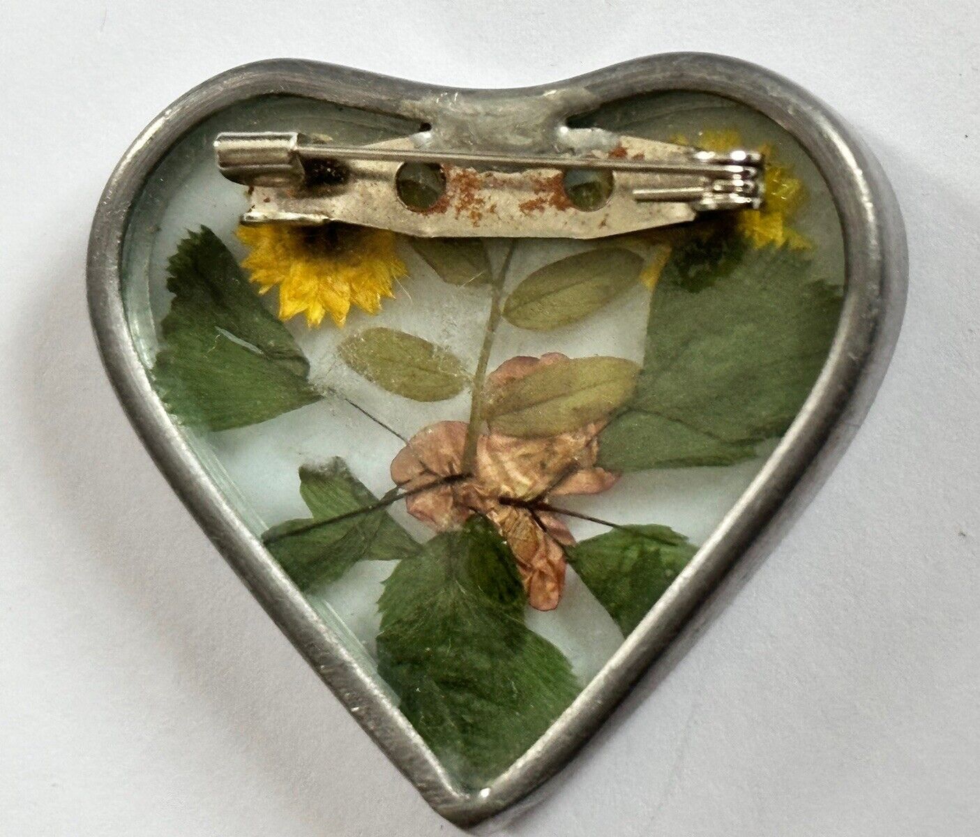 Vintage Dried Flower Heart Brooch