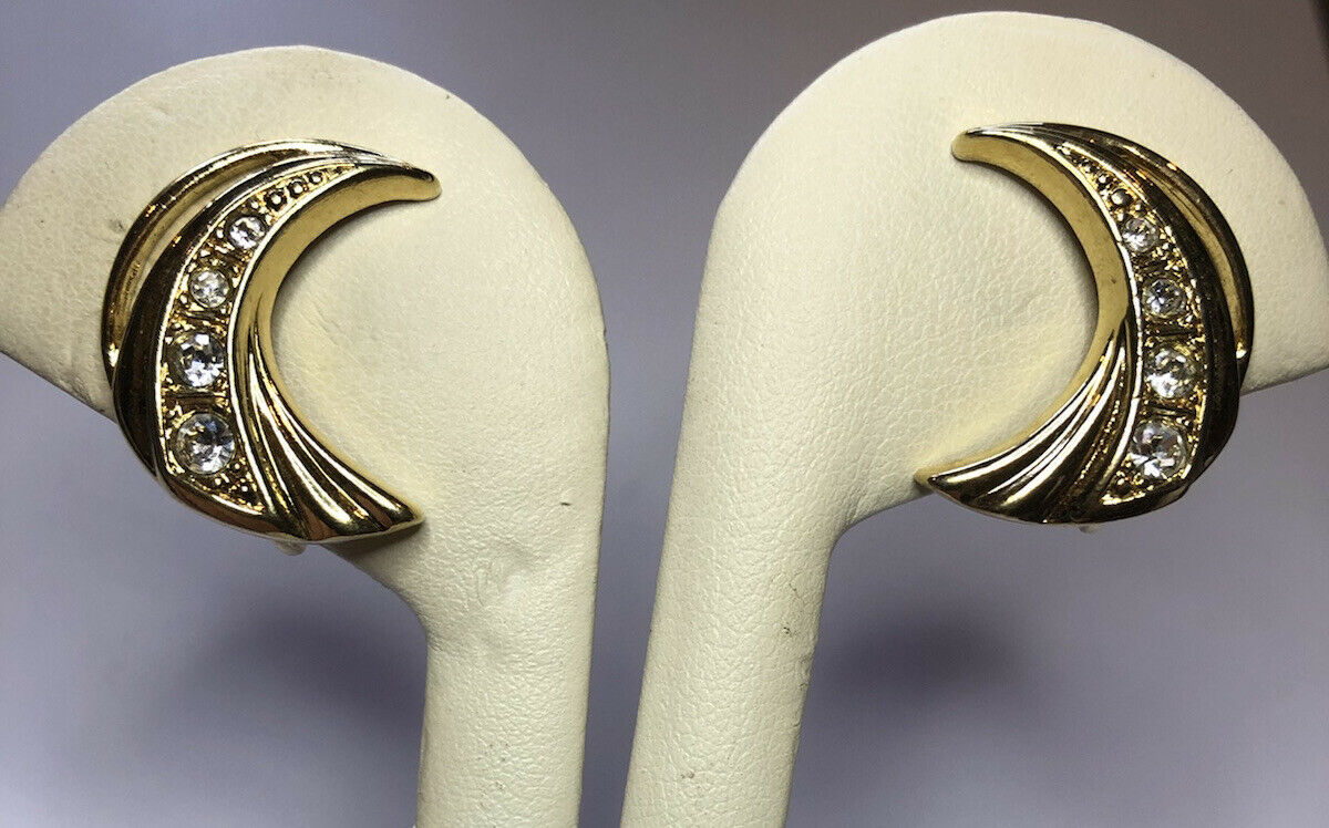 Vintage Gold Tone Diamanté Moon Clip On Earrings