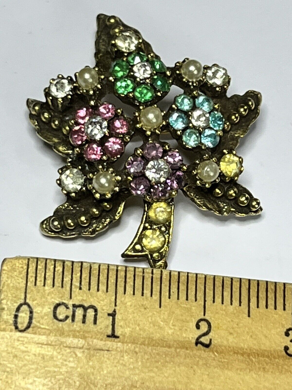 Vintage Leaf Flowers Multicoloured Diamanté Faux Pearl Brooch