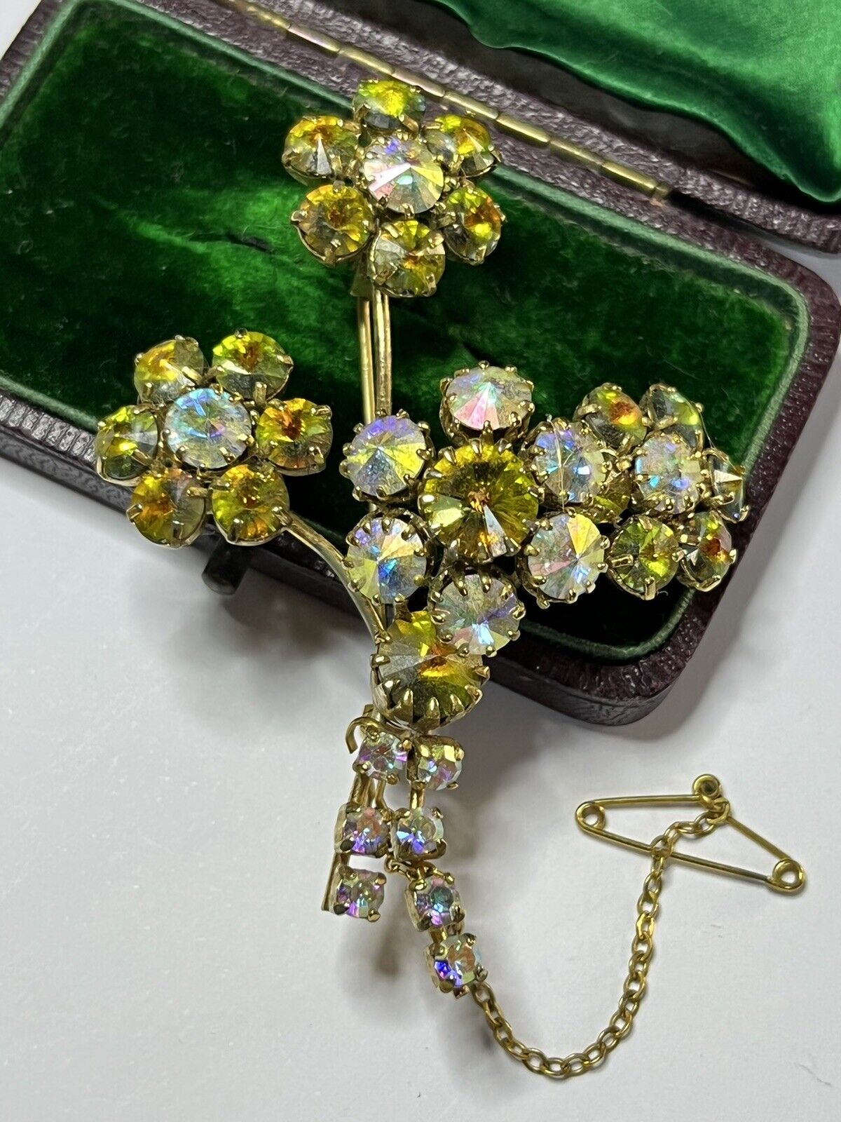 Vintage Aurora Borealis Flower Spray Brooch Safety Chain
