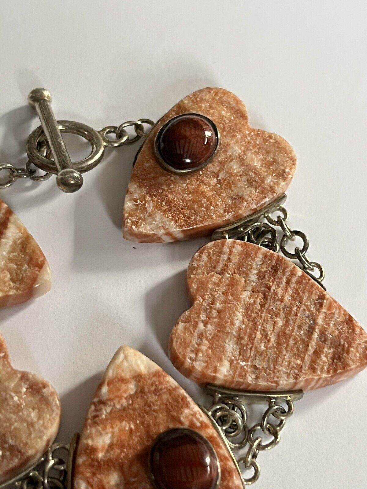Vintage Silver 925 Natural Stone Hearts Bracelet
