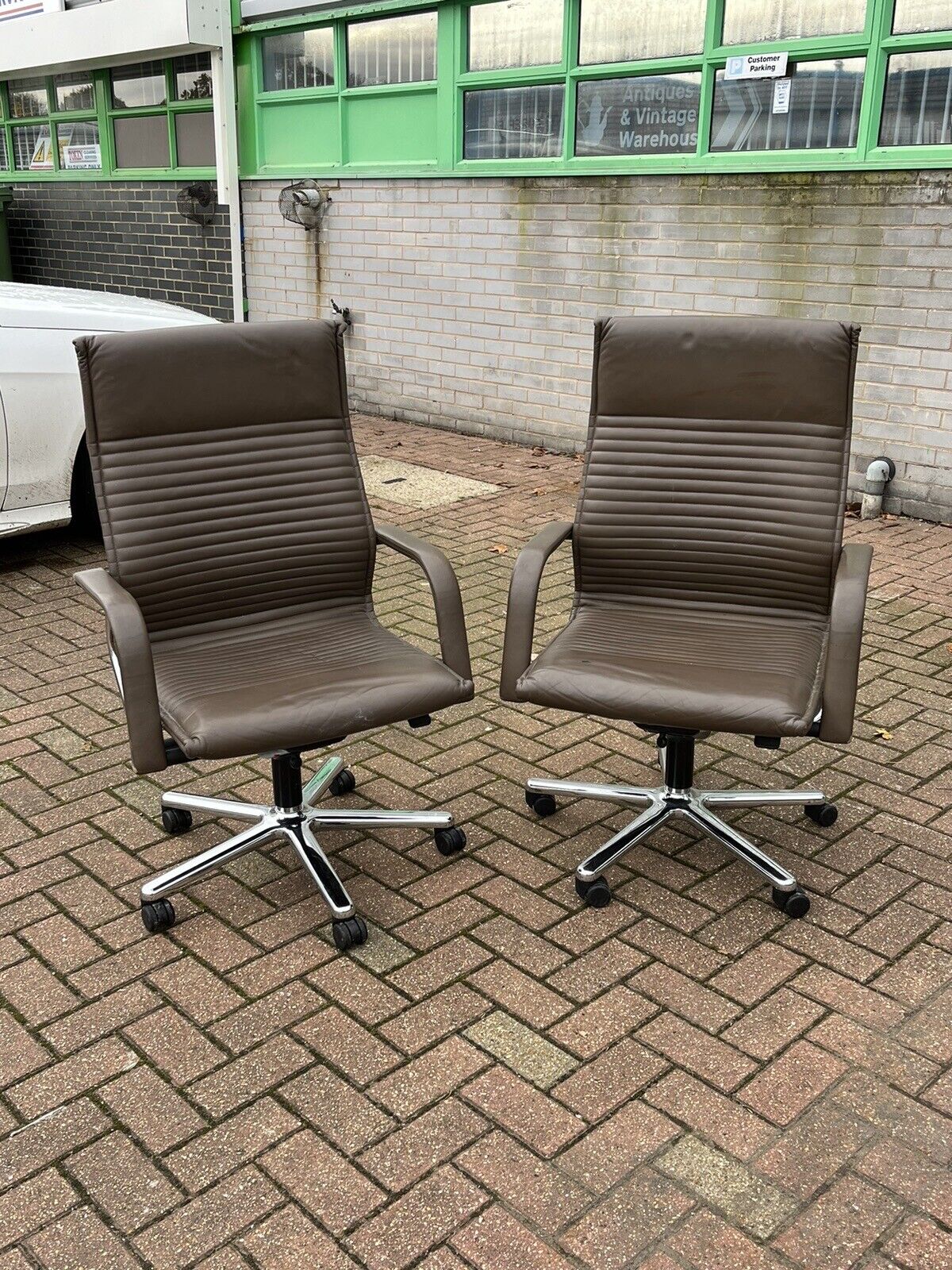 Brown Leather & Chrome Swivel Desk Chairs. Set Of 2