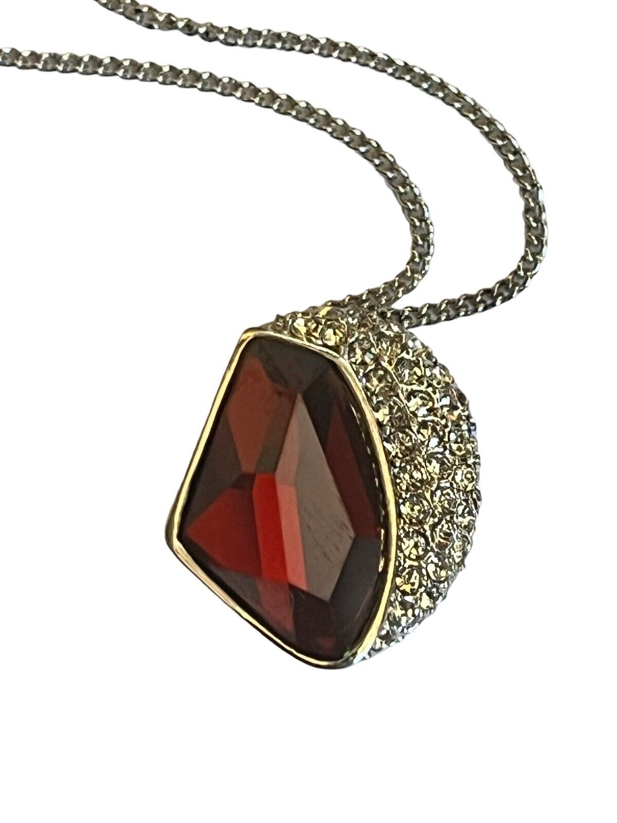 Vintage 1980s Rhodium Plated Red Crystal Necklace New Old Stock