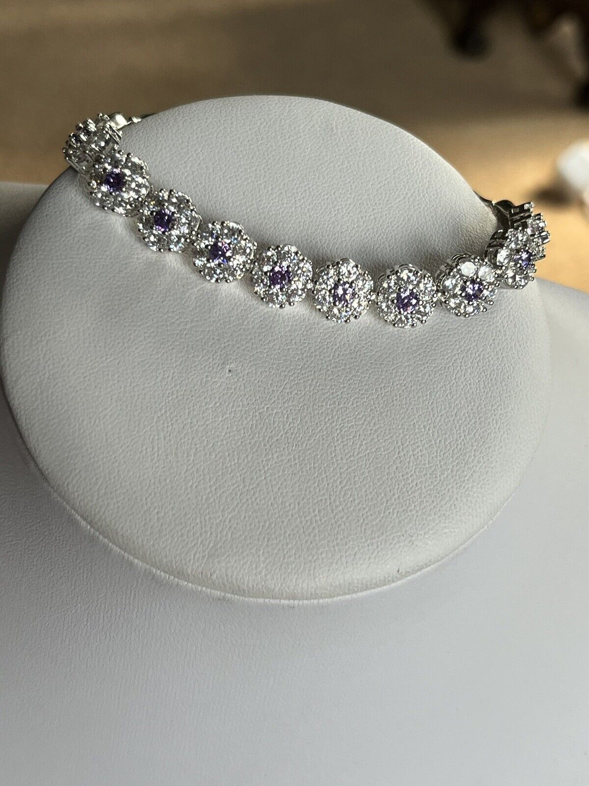 Vintage Rhodium Plated Purple Clear Diamanté Flowers Bracelet New Old Stock