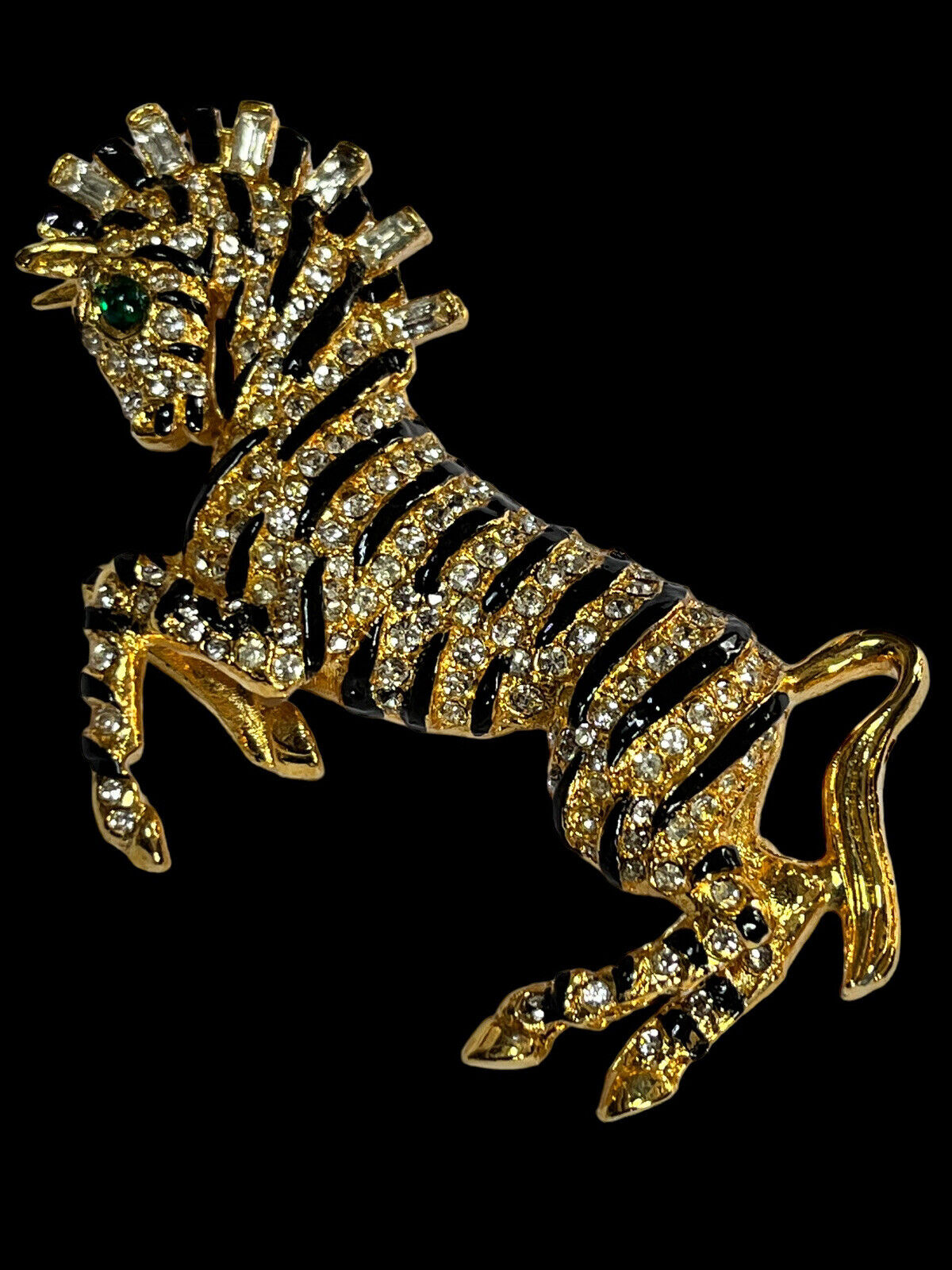 Vintage Gold Tone Diamante Enamel Stylised Zebra Brooch ANTIQUES CHIC