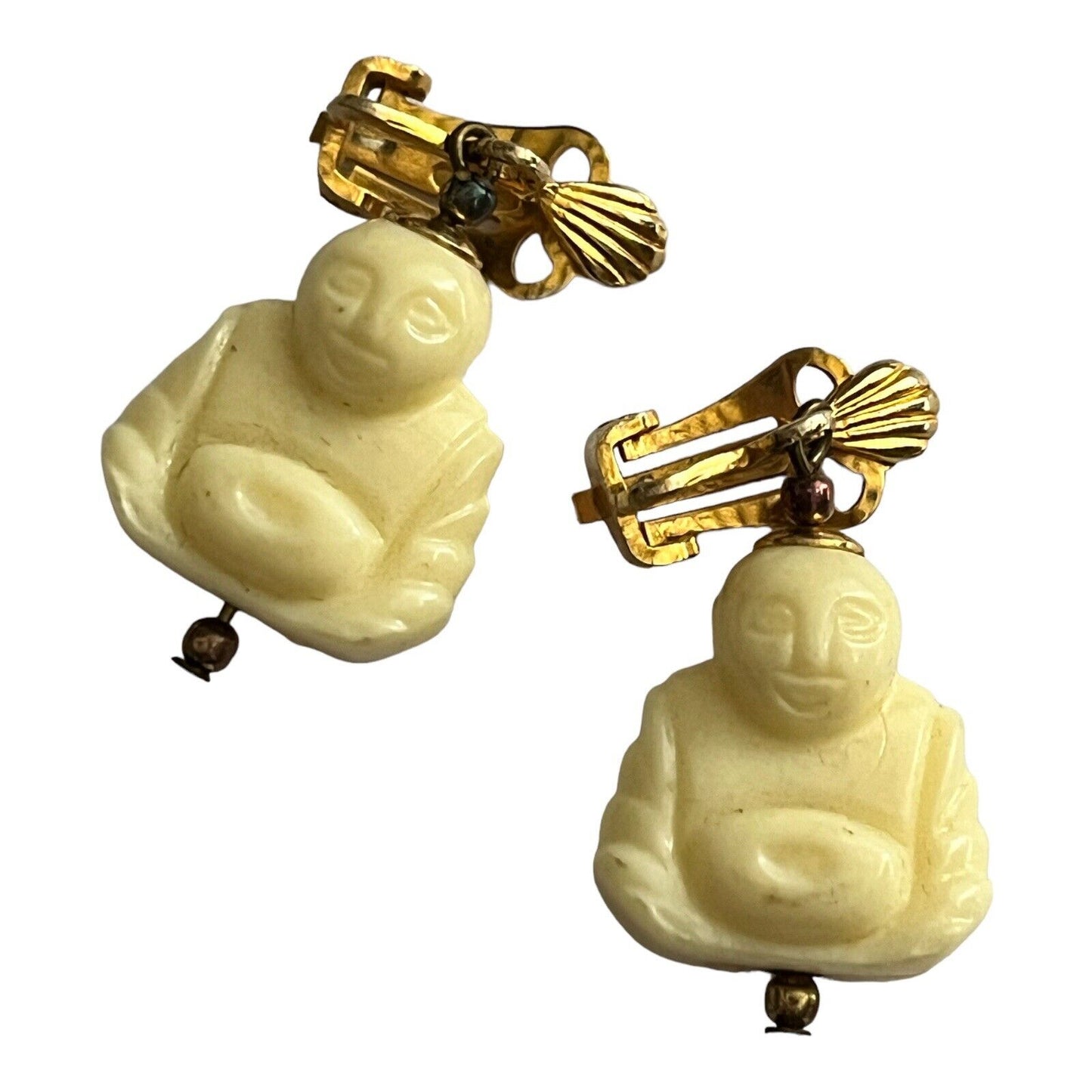 Vintage Celluloid Happy Buddha Clip on Earrings