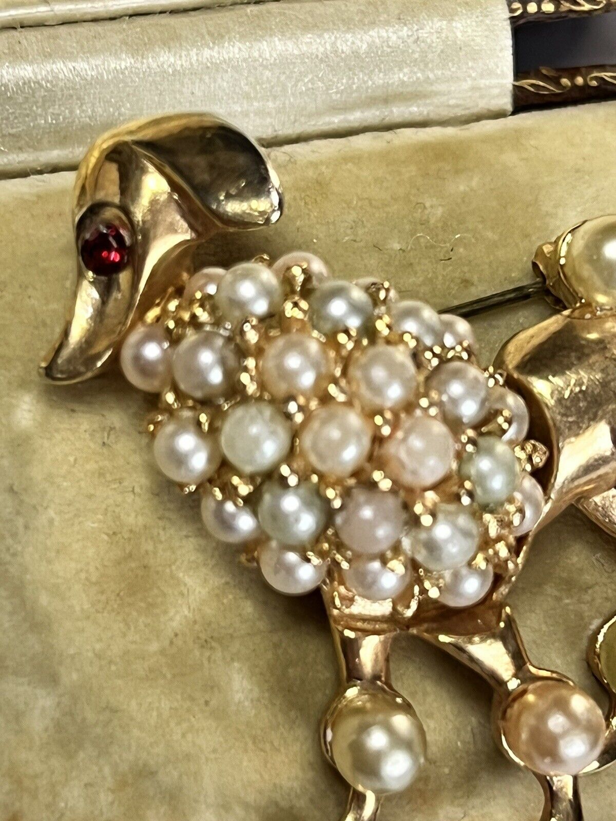 Vintage Gold Tone Faux Pearl Poodle Brooch