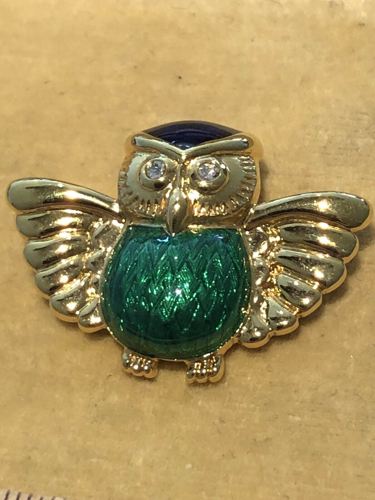 Vintage Gold Tone Diamanté Enamelled Owl Brooch