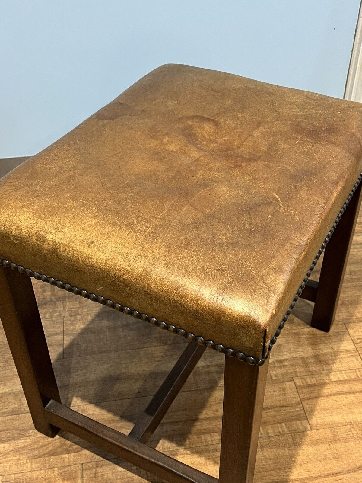 Tan Leather Wooden Foot Stool. Very Good Quality