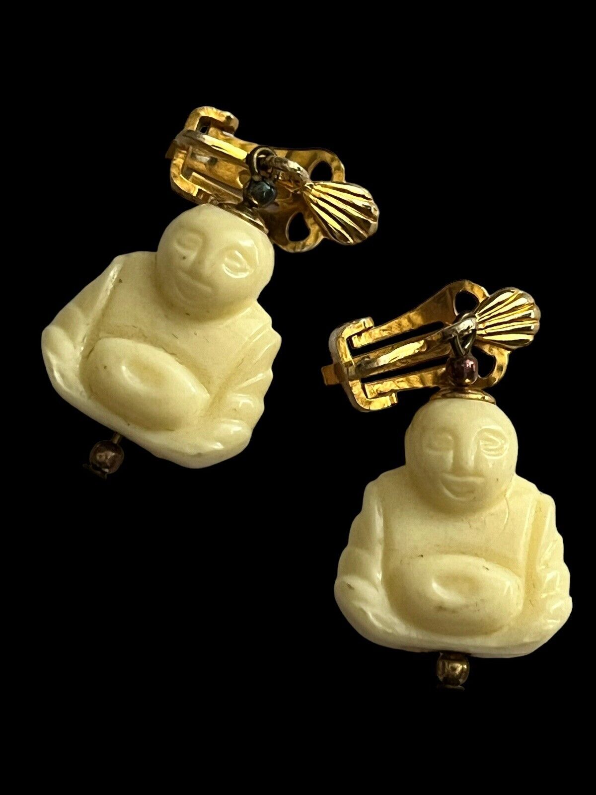 Vintage Celluloid Happy Buddha Clip on Earrings
