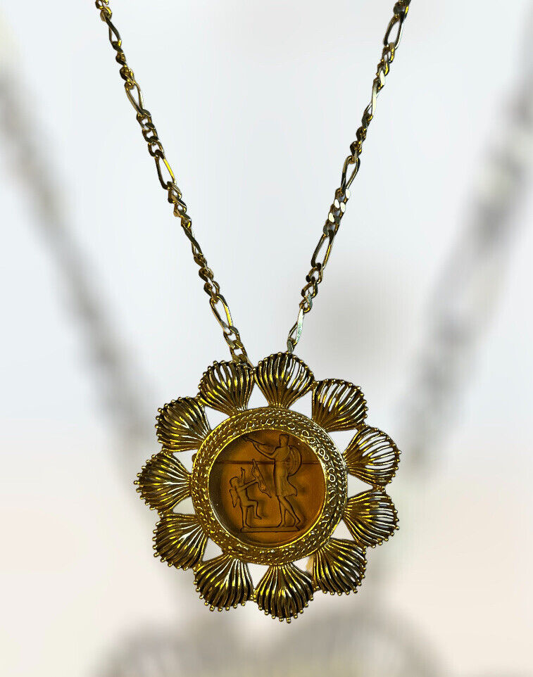 Vintage Gold Plated Etched Glass Pendant Brooch 18K Plated Chain