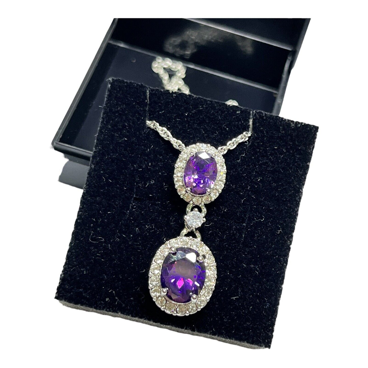 Vintage 1980s Rhodium Plated Purple Crystal Drop Necklace Boxed