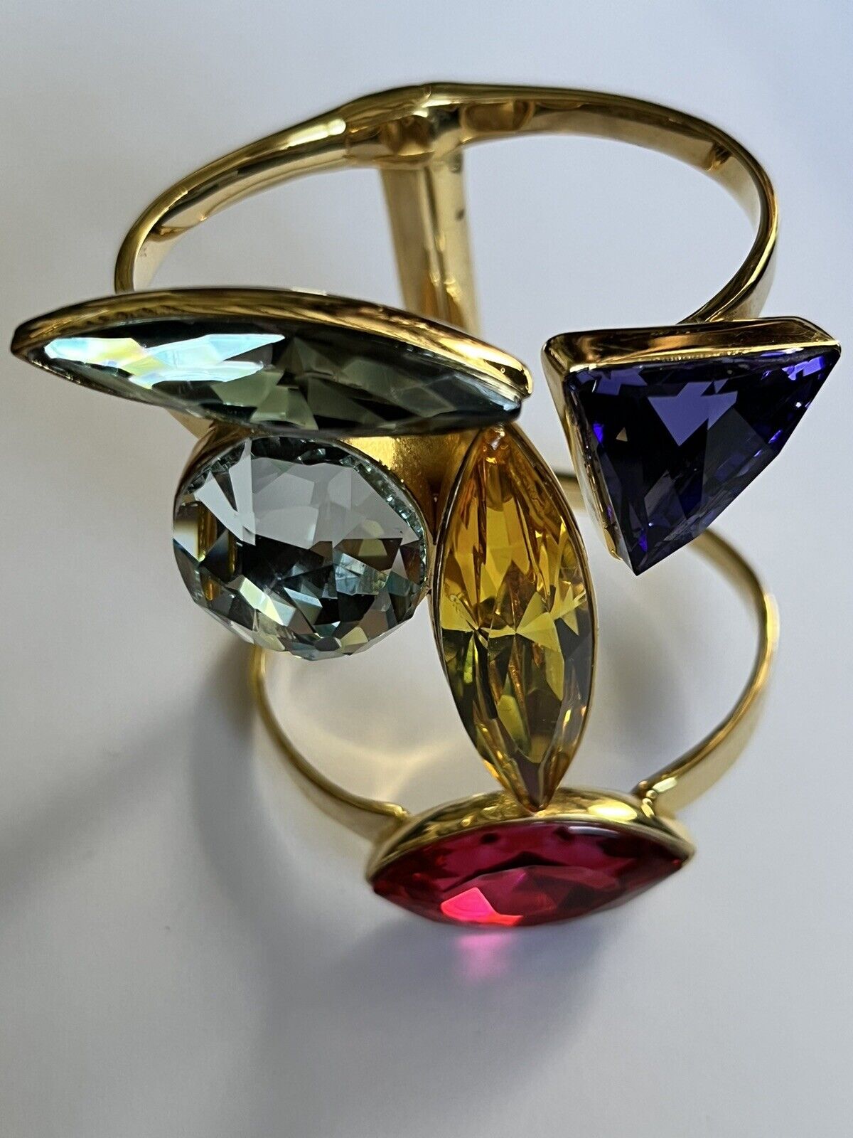 Vintage Double Cuff Gold Plated Statement Multicoloured Diamanté Bracelet