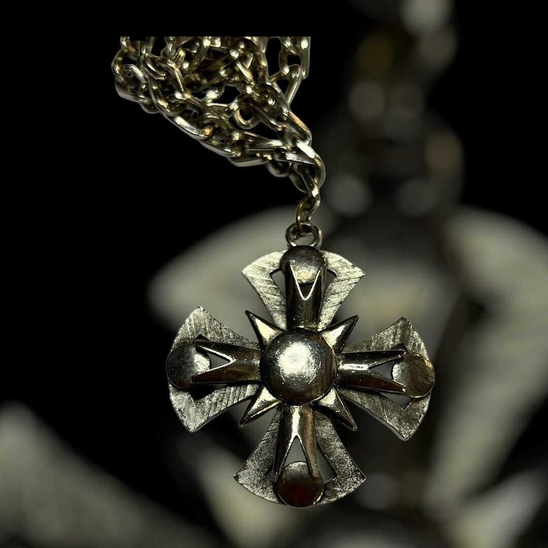 Vintage Statement Silver Tone Maltese Cross Necklace