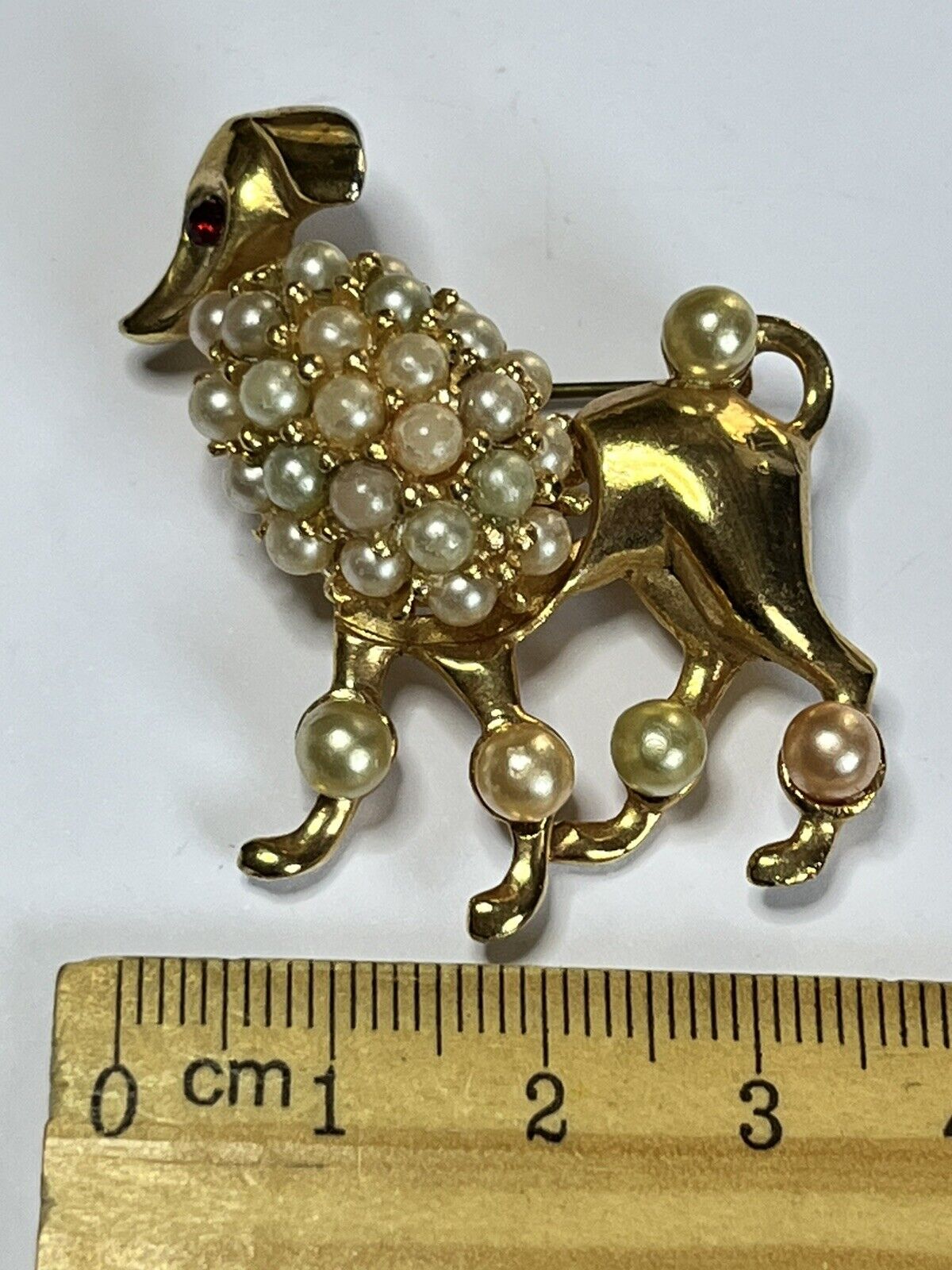 Vintage Gold Tone Faux Pearl Poodle Brooch