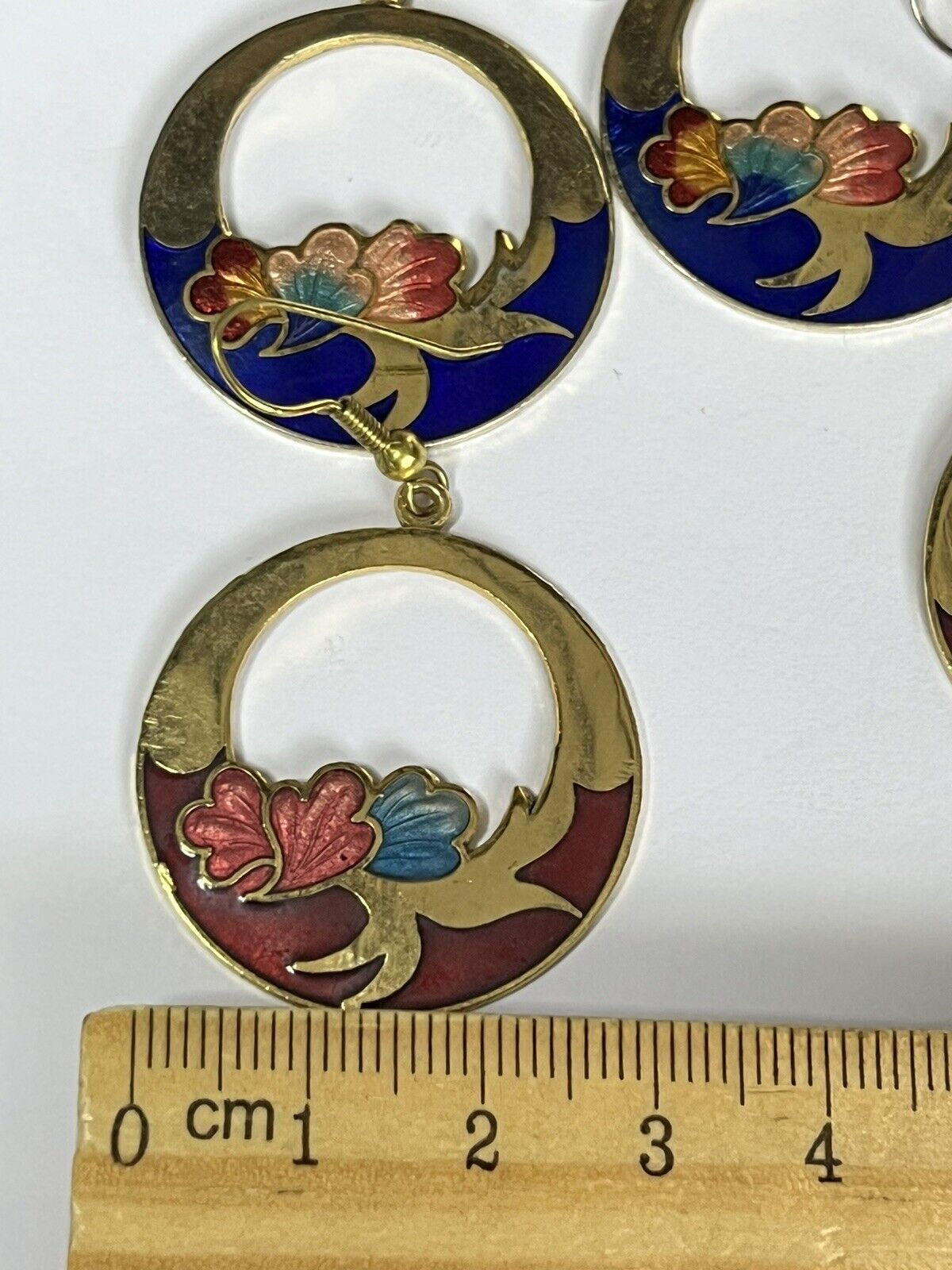 Vintage Enamel Cloisonné Hoop Drop Earrings Set Of Two