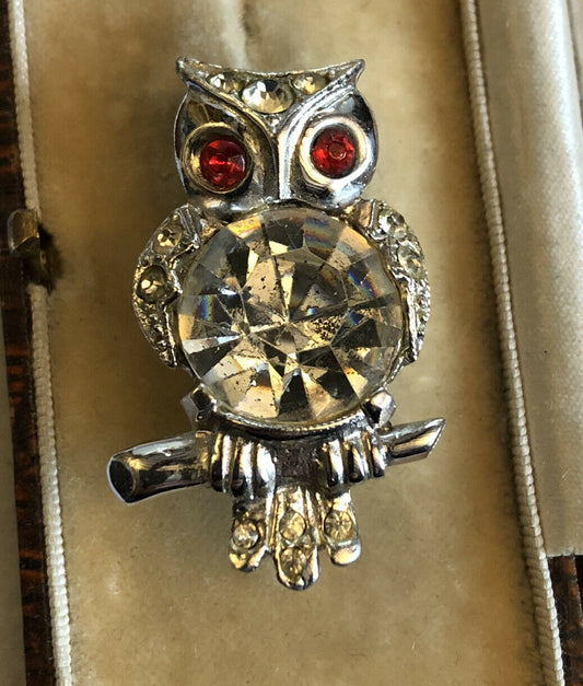 Vintage Silver Tone Diamanté Owl Brooch