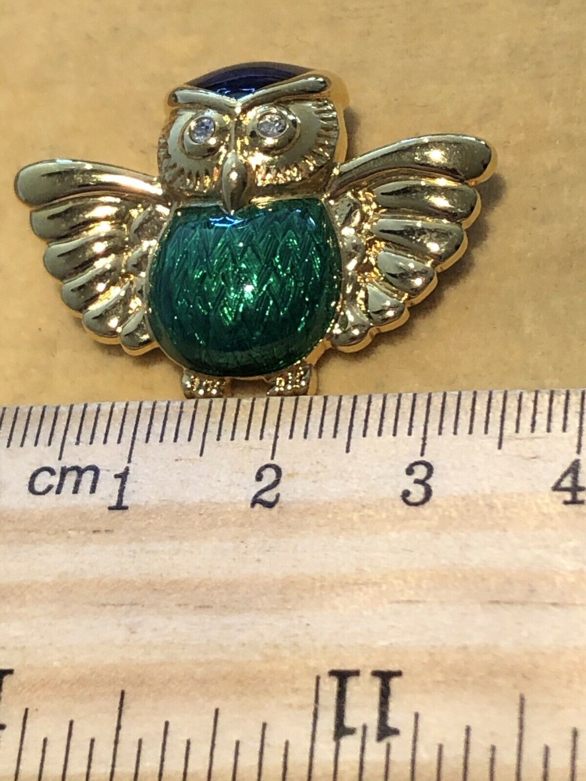 Vintage Gold Tone Diamanté Enamelled Owl Brooch