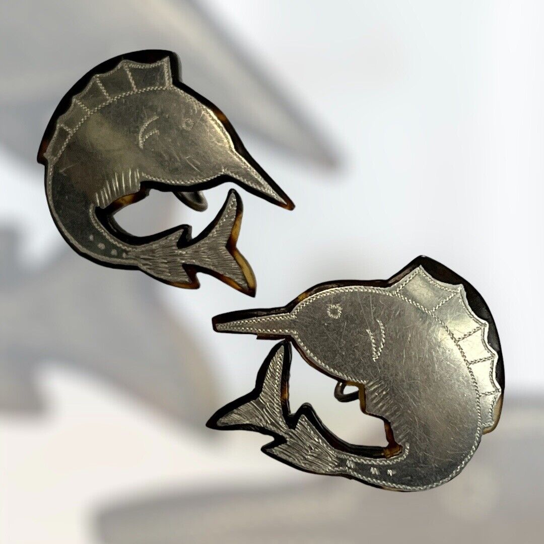 Antique Natural Marine Shell Engraved Silver Swordfish Screwback Earrings