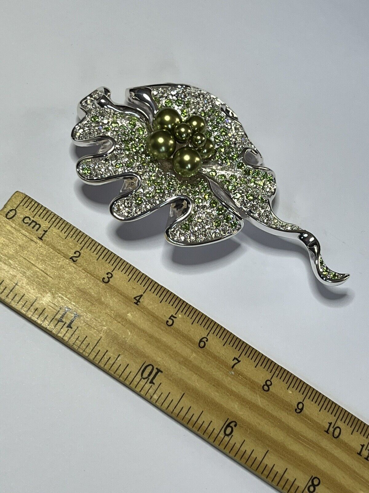 Vintage Statement Flower Rhodium Plated Green Faux Pearl And Diamanté Brooch