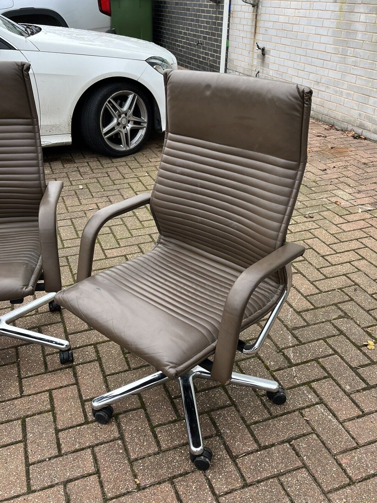 Brown Leather & Chrome Swivel Desk Chairs. Set Of 2