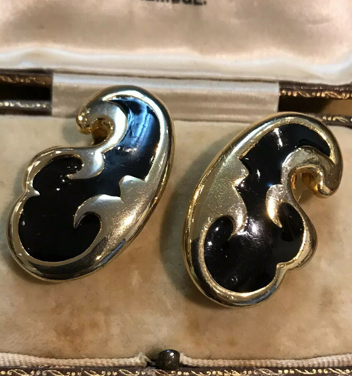 Vintage Black Enamel Gold Tone Clip On Earrings