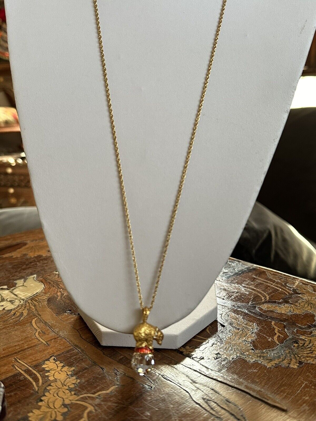 Vintage Gold Tone Polar Bear On Ball Enamel Diamanté Pendant Necklace
