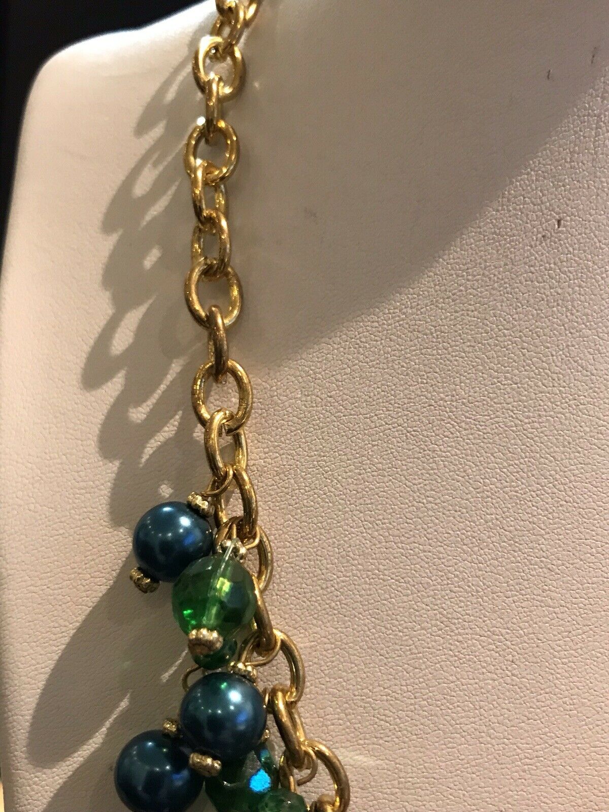 Vintage Gold Tone Chain Green Beaded Necklace