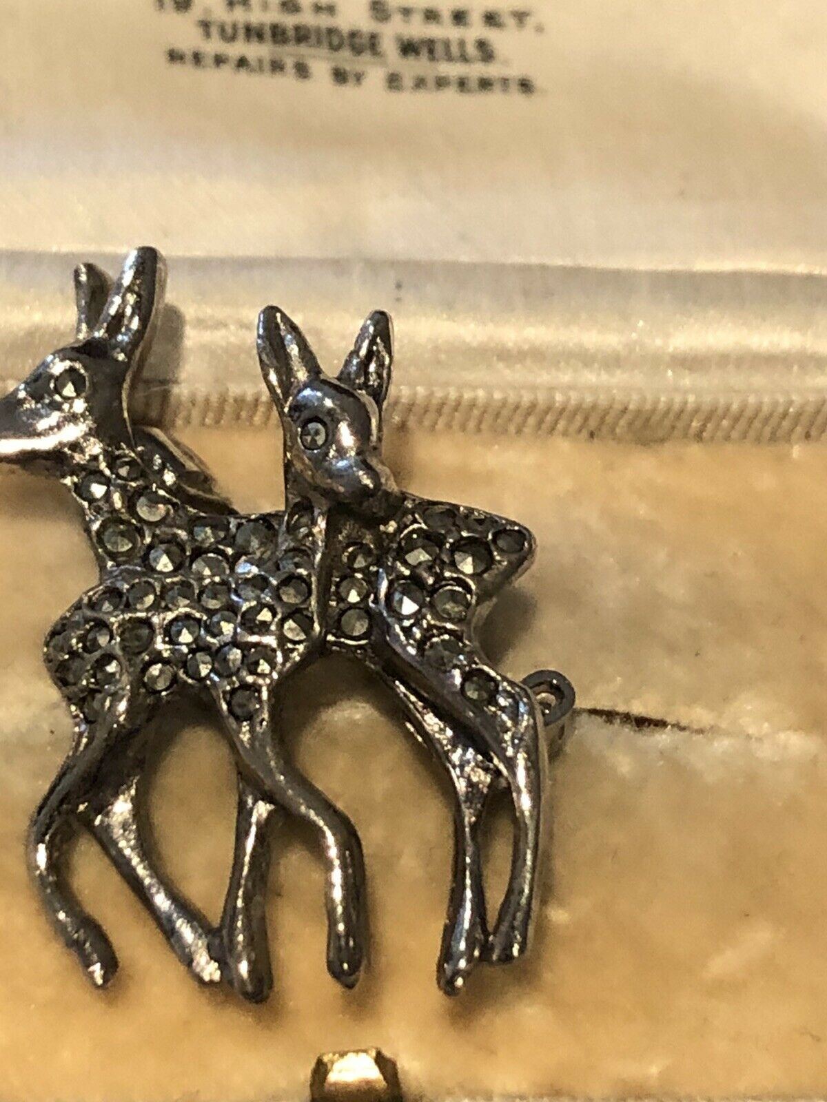 Vintage Silver Tone Marcasite Deer And Fawn Brooch