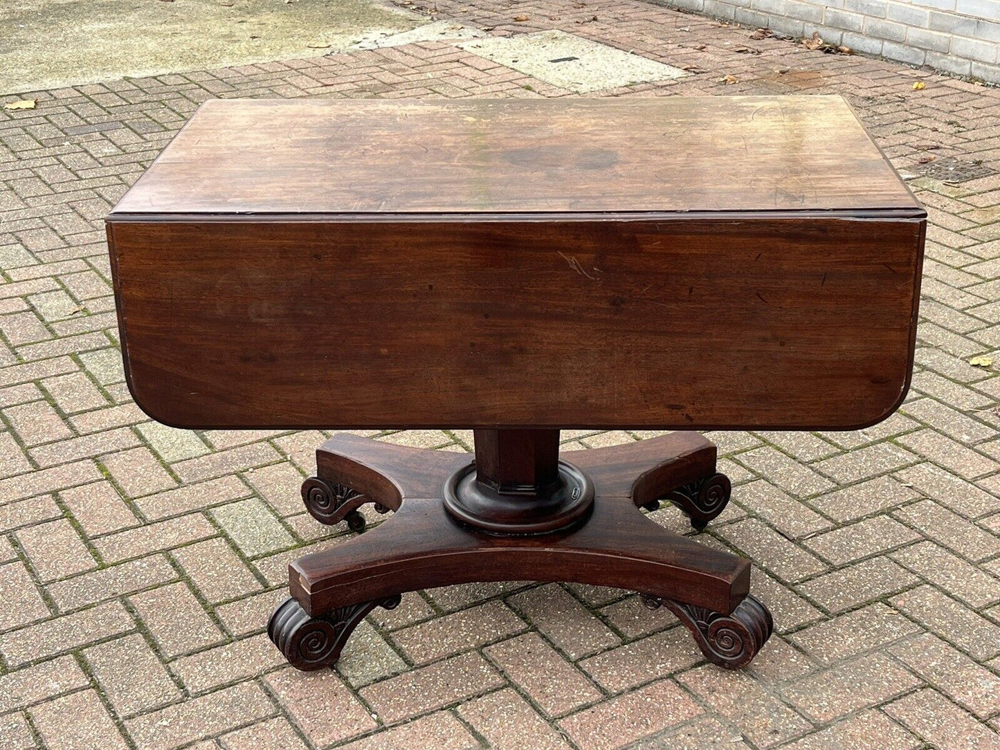 Antique Regency Mahogany Lamp / Sofa Table, Fold Down Flaps, Drawer.