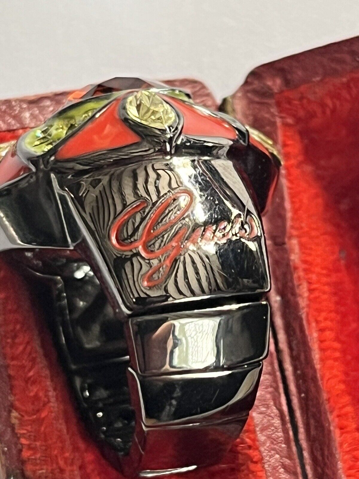Vintage Designer Guess Orange Stone Gunmetal Ring