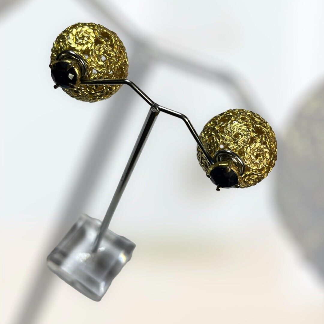 Vintage Gold Tone Blue Diamanté Stud And Ball Earrings