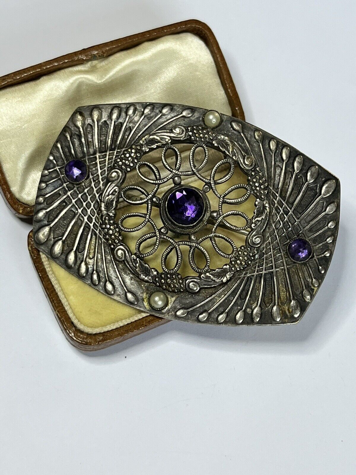 Vintage Silver Tone Purple Stone Faux Pearl Brooch
