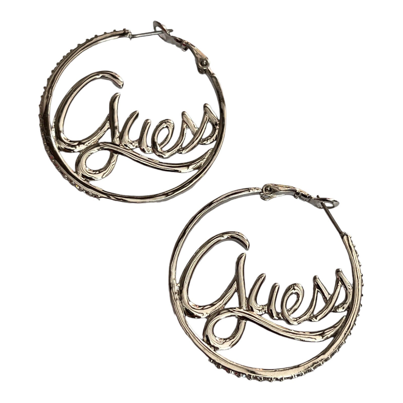 Vintage Guess Signed Silver Tone Diamante Hoop Earrings ANTIQUES CHIC